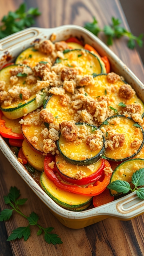 A baked vegetable casserole with layers of zucchini, bell peppers, and carrots, topped with melted cheese and breadcrumbs.
